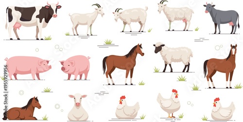 Farm animals set with cow sheep goat pig horse and chicken, domestic livestock collection for agriculture vector illustration