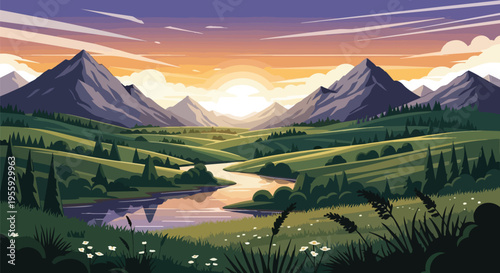 A captivating vector illustration depicting a tranquil mountain landscape with a meandering river and vibrant green hills beneath a colorful sunrise