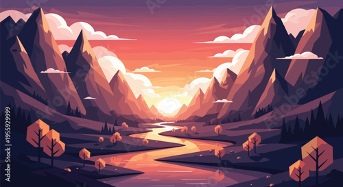 Stylized mountain landscape with a winding river reflecting a vibrant sunset glow, low poly artistic rendition.