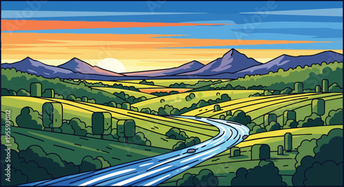 Colorful landscape illustration with majestic mountains, a winding river, and green rolling hills under a vibrant sky