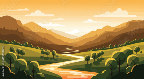 A peaceful vector landscape showcasing a river through a valley. Green hills and mountains loom under a golden sky. It depicts tranquility and a