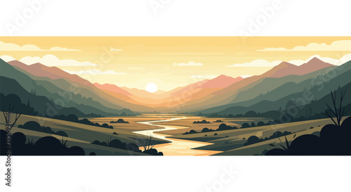 A beautiful flat design panorama of a river valley at sunset or sunrise, featuring layered mountains and a winding waterway. This illustration