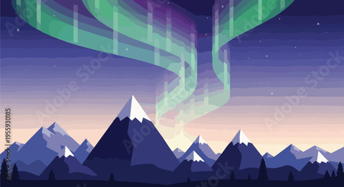mesmerizing celestial lights dance gracefully over majestic snow-capped peaks under a starry arctic sky in this stunning flat design illustration of