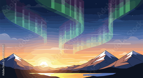 Vibrant Aurora Over Majestic Mountain Peaks and Serene Lake at Dawn Vector Art Illustration