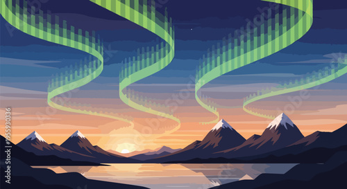 A stunning evening display of the northern lights dancing gracefully above majestic snow-capped peaks and serene reflective waters, creating an