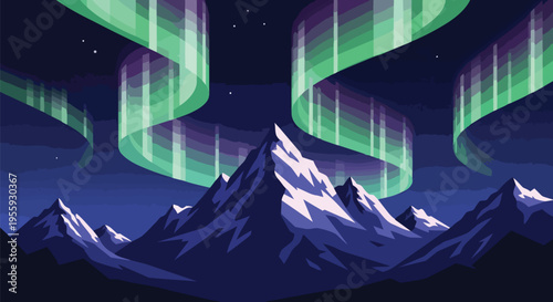A mesmerizing digital illustration of aurora borealis illuminating a dramatic mountain range under a starlit night sky, showcasing nature's vibrant