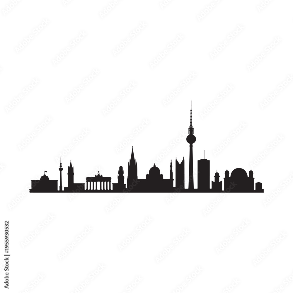 Obraz premium Berlin skyline silhouette featuring iconic landmarks against a white background