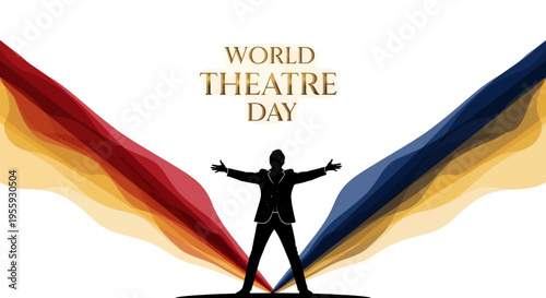 Vector illustration of a performer celebrating World Theatre Day with colorful abstract wings on a white background.