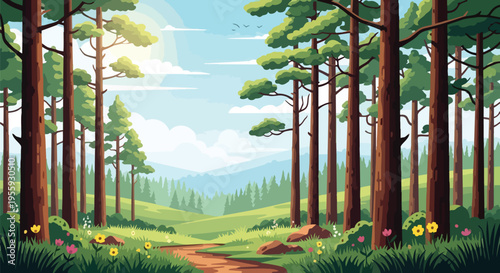 Vibrant Forest Path Adventure Through Tall Pine Trees Under A Clear Blue Sky Illustrative Landscape