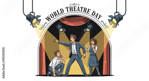 Illustration of actors on stage for World Theatre Day celebration with theatre performance concept and drama arts elements.