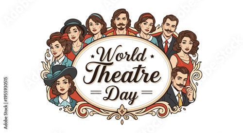 Illustration of diverse actors on stage for World Theatre Day, with a decorative theatre design and colorful characters, conveying a celebratory mood against a white background.