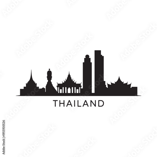 Silhouettes of bangkok s skyline with the word thailand displayed below
