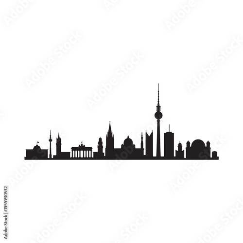 Berlin skyline silhouette featuring iconic landmarks against a white background