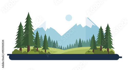 This tranquil flat design illustration captures a serene mountainous landscape featuring dense evergreen forests and rolling green hills under a