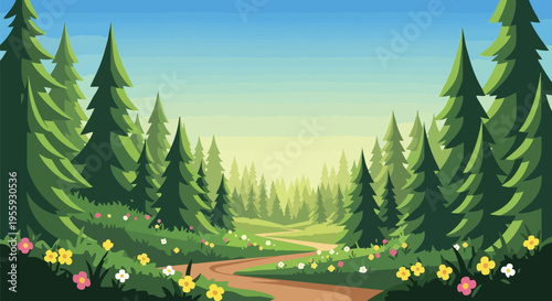Vibrant evergreen forest scene with a winding natural pathway and blooming wildflowers under a clear sky