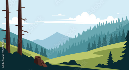 This detailed vector illustration captures a tranquil alpine valley featuring verdant hills, towering evergreen forests, and majestic distant