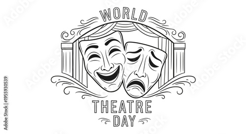 Vector illustration of comedy and tragedy masks with World Theatre Day text in a decorative design on a white background.