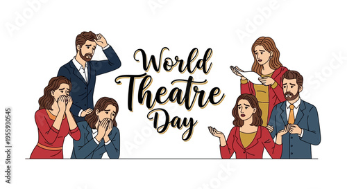 Illustration of actors in various dramatic poses celebrating World Theatre Day with a theatre arts concept on a white background.