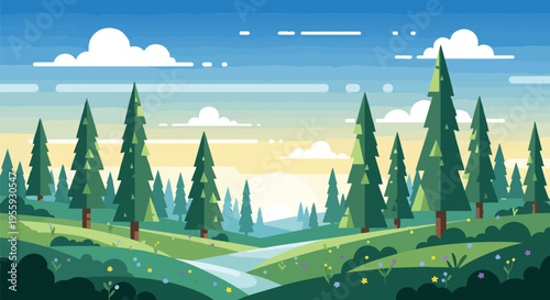 A vibrant flat design illustration of a serene forest landscape featuring majestic evergreen trees on rolling green hills with a tranquil stream.