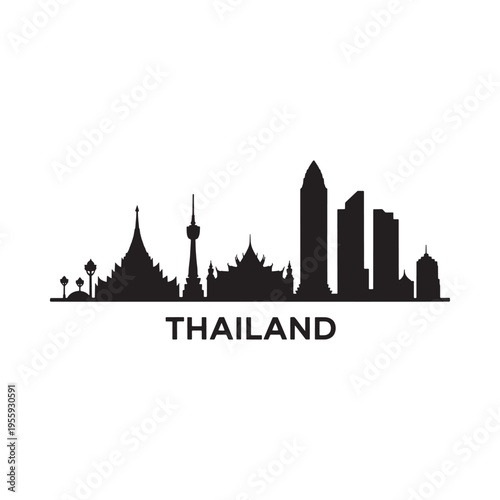 Bangkok skyline silhouette with the word thailand beneath it