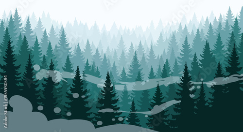 An expansive serene woodland vista rendered in muted teal and deep green, depicting a dense coniferous forest shrouded in atmospheric mist and