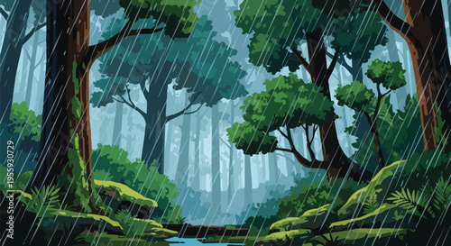 A detailed illustration of a vibrant forest experiencing a refreshing downpour with lush trees and a serene stream
