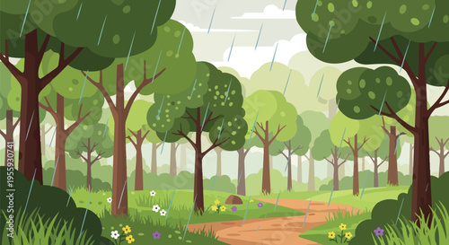 A serene digital illustration depicts a tranquil forest path winding through lush green trees and blooming wildflowers, bathed in gentle fresh rain.