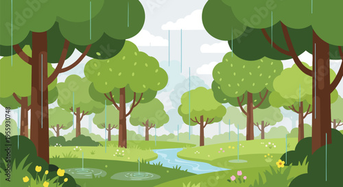 A vibrant cartoon forest landscape flourishing under a gentle spring rain, with a meandering stream and glistening puddles, illustrating nature's