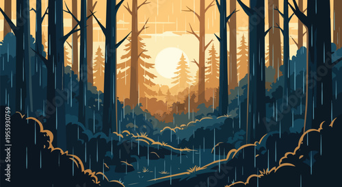 Serene graphic illustration captures tranquil forest during rain. Sun's warm glow illuminates tall trees, lush undergrowth, evoking peaceful ambient.