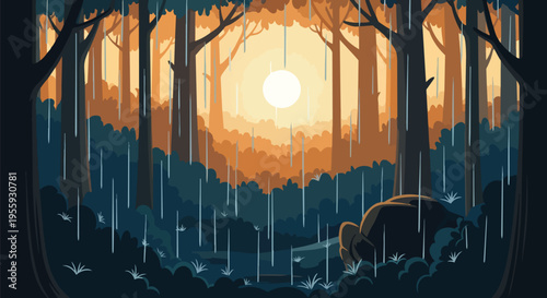An atmospheric forest scene during a gentle rain shower at sunrise illuminating the deep woods with soft golden light and refreshing raindrops