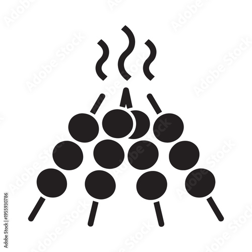 Simple black and white illustration of a food stall with skewers