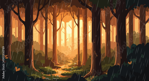 A tranquil illustrated forest scene bathed in golden light during a gentle rainfall with a winding path leading into the bright distant ethereal