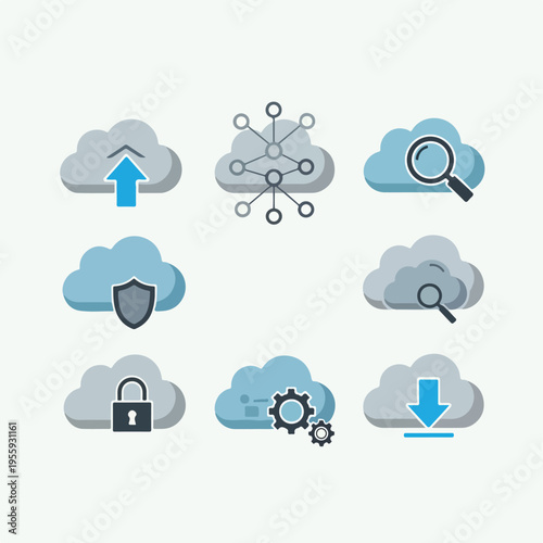 Cloud computing icons with simple rounded shapes