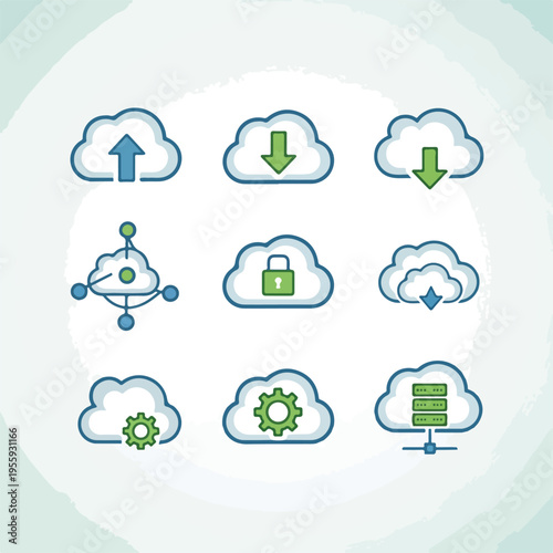Cloud computing icons with simple rounded shapes