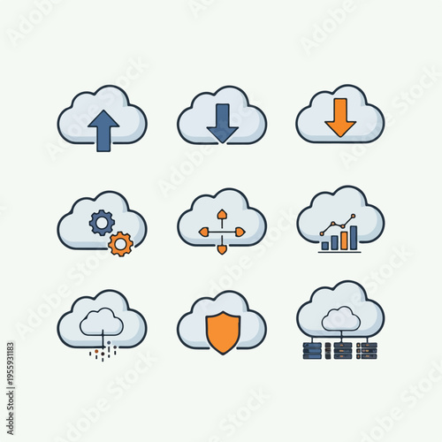 Cloud computing icons with simple rounded shapes