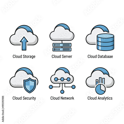 Cloud computing icons with simple rounded shapes