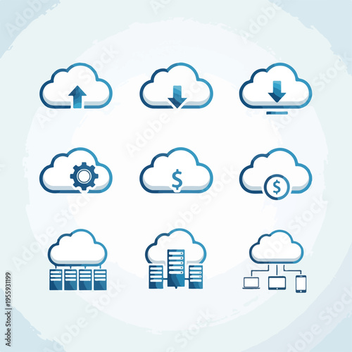 Cloud computing icons with simple rounded shapes