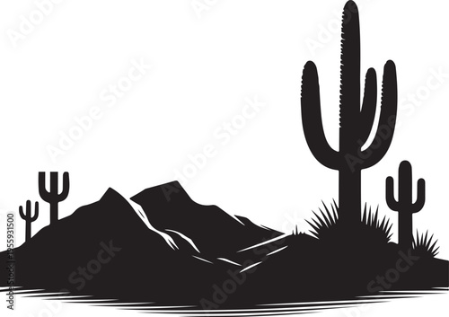 Silhouette of desert landscape with towering cacti and mountain ranges under moonlight Vector, illustration
