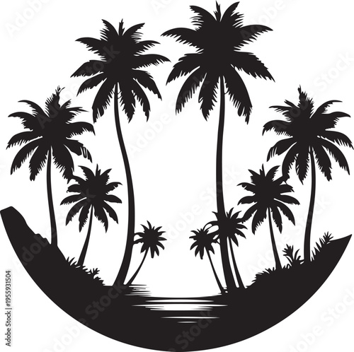 Tropical scene with palm trees on a curved horizon line Vector, illustration