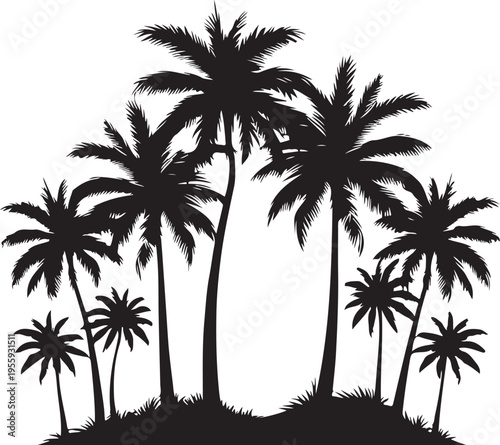 Silhouette of tall palm trees against a bright sky forming a tropical landscape. Vector, illustration