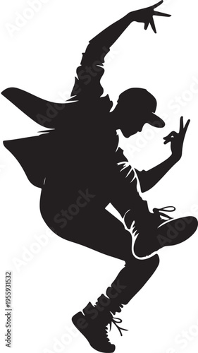 Dynamic silhouette of a skateboarder performing a trick with a peace hand gesture. Vector, illustration