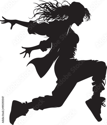 Dynamic silhouette of a runner in mid-air with flowing hair and athletic posture Vector, illustration