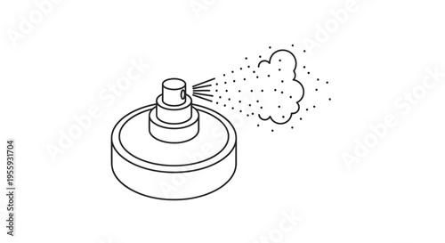 Perfume spray bottle dispensing mist, isolated on white background, line art illustration.
