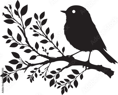 Elegant black bird perched on a branch with lush foliage in silhouette Vector, illustration