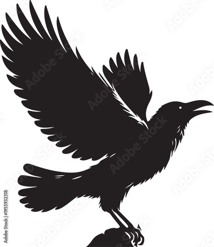 A bold silhouette of a crow in flight with outspread wings Vector, illustration