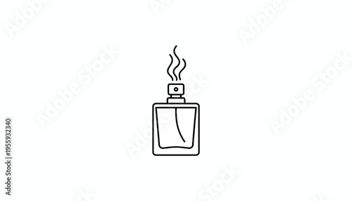 Perfume bottle icon with scent waves, minimalist line art, isolated on white background