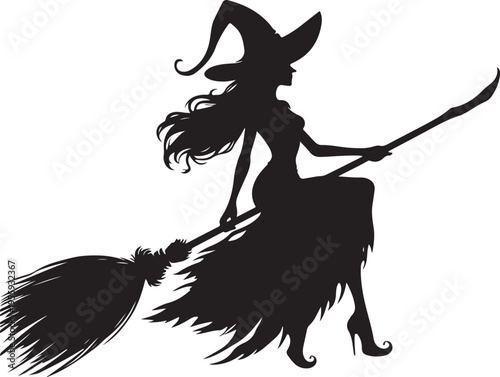 Classic silhouette of a witch riding a broomstick through the night sky Vector, illustration