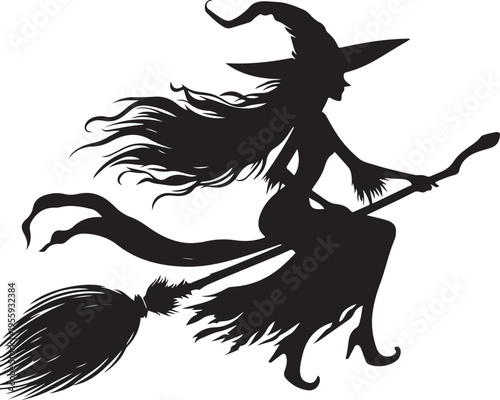 A classic witch flying on a broomstick through the night sky Vector, illustration