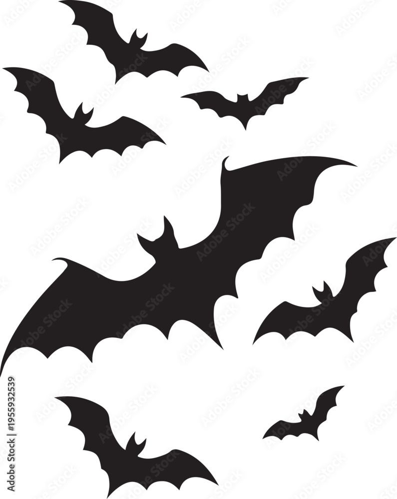 Fototapeta premium Flying silhouettes of bats against a white background Vector, illustration