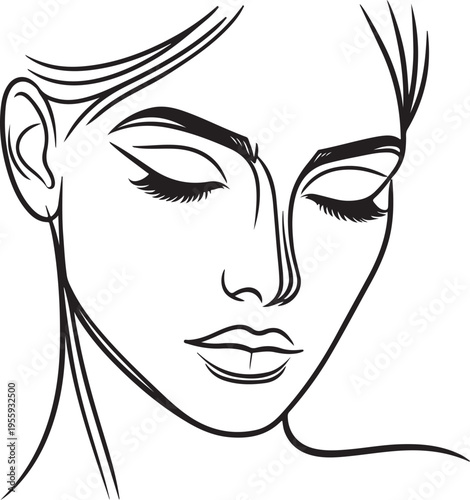 Elegant line drawing portrait of a woman with closed eyes and soft expression Vector, illustration